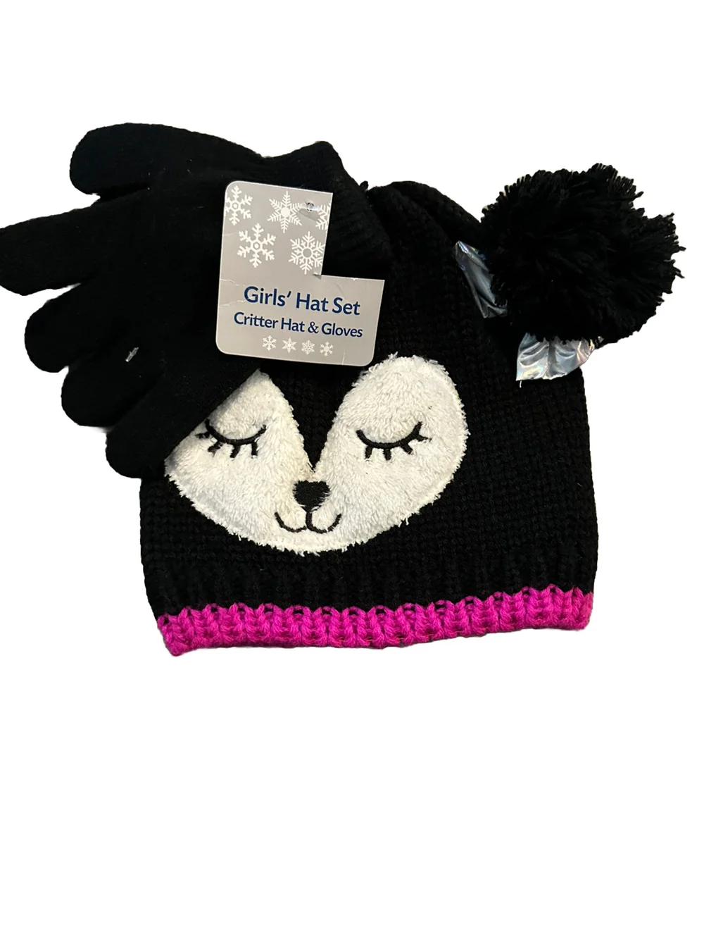 New NWT Panda Hat & Gloves 2 Pk Set Black & Pink - Girls Cute Soft Cozy Fun